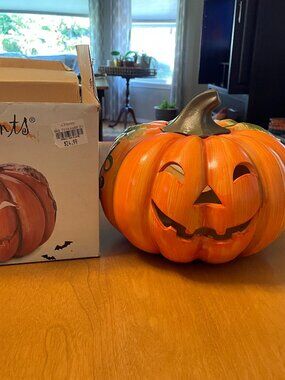 VTG ELEMENTS HALLOWEEN JACK-O-LANTERN PUMPKIN CERAMIC TEA LIGHT CANDLE HOLDER